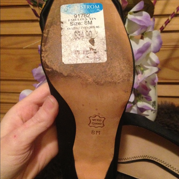 Black Satin Peep Toe Pumps with Bow - Picture 5 of 5